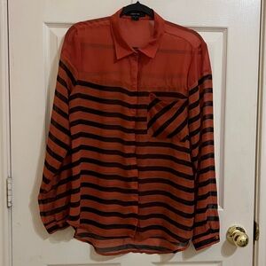 Striped Sheer Button-Up Blouse Burnt Orange and Black
